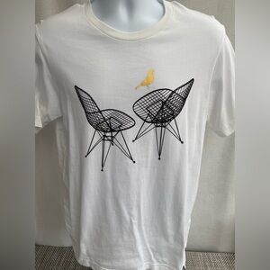 SPRZNY Men's White Tee with Black Wire Chairs and Gold Bird Graphic